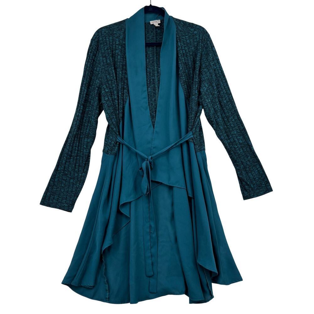 LOGO Lori Goldstein Duster Cardigan Size XL Teal Belted Ribbed with Chiffon Trim